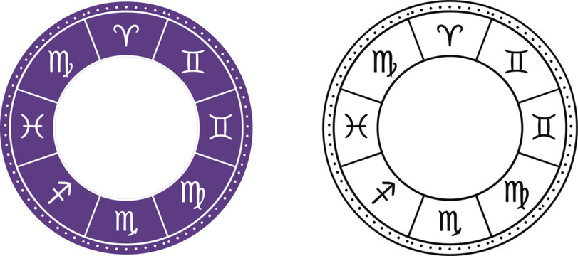 Astrology zodiac wheel icons set featuring horoscope symbols circular star chart mystical cosmic design elements vector outline spiritual