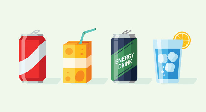 Assorted Cold Beverages Illustration with a Red Soda Can Orange Juice Box Green Energy Drink and a Glass of Water with a Fresh Orange Slice and Ice Cubes.