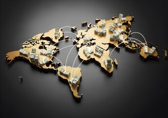 Wooden world map with connecting arc between continent block representing cross-border payment and global money transfer concept. Illustration | photo | copy space 