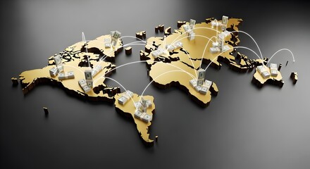 Wooden world map with connecting arc between continent block representing cross-border payment and global money transfer concept. Illustration | photo | copy space 