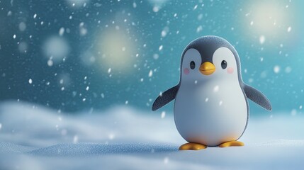 Obraz premium An adorable, stylized cartoon penguin standing in a snowy, winter landscape. A cute character representing Antarctica, cold weather, wildlife, and fun. Perfect for children's illustrations.
