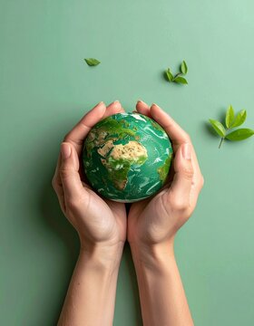 Hands gently cradle a vibrant green globe, symbolizing environmental care and global responsibility on a serene green background with scattered leaves.