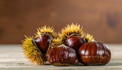 Close-up of shiny brown chestnuts, some still in spiky shells, resting on a rustic wooden surface against a brown background