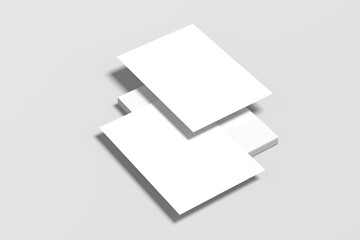 A stack of white A4 paper and blank flyers floats above a grey surface.