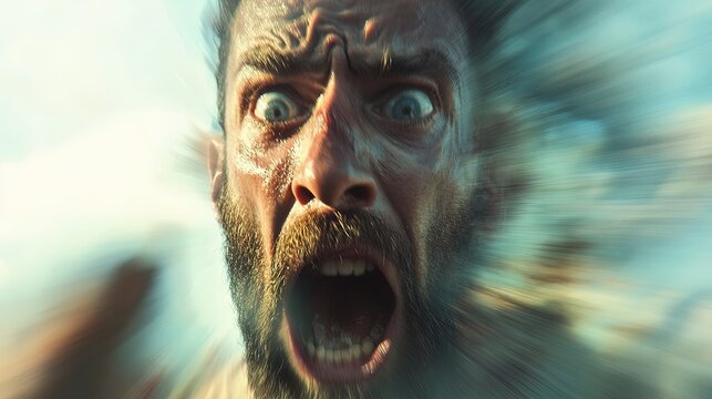 A dramatic and intense zoom-in on a man's face, capturing a powerful expression of a scream, rage, or agony. A highly emotional portrait of anger, fear, or frustration.