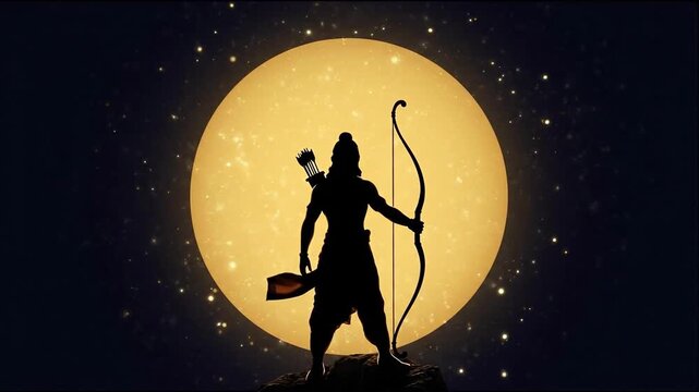 Lord rama's silhouette with bow stands against a glowing golden moon in a dark, starry sky for ram navami.