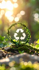 Recycle symbol made of green leaves in nature, concept of environmental conservation and sustainability.