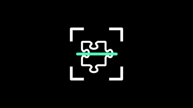 The white jigsaw puzzle piece sits centered in the scanning brackets above a green line representing a missing link or a problem solving element that needs to be integrated into a larger system