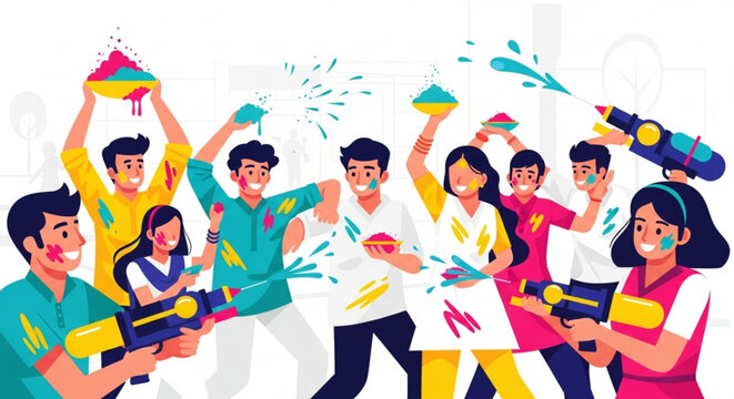 Vibrant Holi festival celebration with people playing with colors and water guns a joyful concept of Indian culture and tradition flat vector illustration