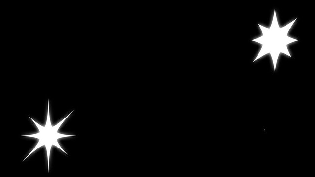 Magical sparkle star twinkle animation on black background, white cartoon doodle stars, glowing glitter trails, and smooth motio