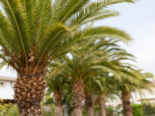 Fototapeta premium Sago Palm Trees Growing in a Row in a Suburban Backyard for Landscaping Design and Home Improvement Marketing Promotion with Soft Natural Light and Copy Space