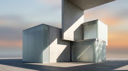 Obraz premium Modern concrete and glass architecture under a sunset sky