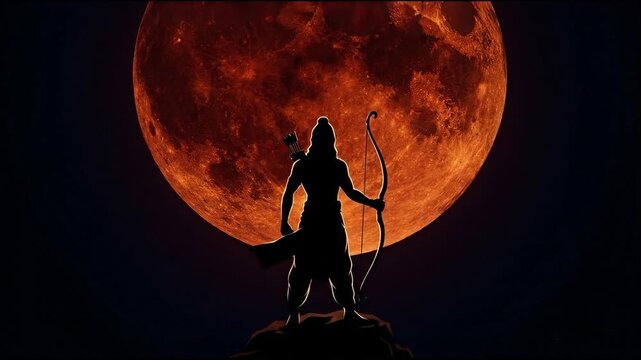 A dramatic silhouette of lord rama holding his bow, commemorating ram navami against a fiery red celestial moon.