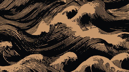 Dramatic Japanese-style background featuring tan crashing waves against a black sky. Detailed hand-drawn etching and stippling create a vintage Ukiyo-e aesthetic with bold contrast. © Dear Reader