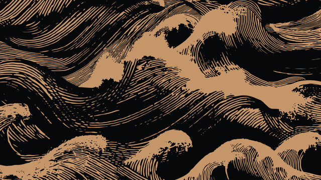 Dramatic Japanese-style background featuring tan crashing waves against a black sky. Detailed hand-drawn etching and stippling create a vintage Ukiyo-e aesthetic with bold contrast.