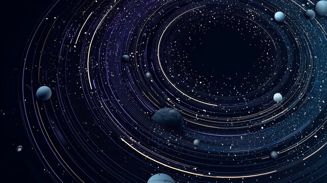 Minimalist geometric abstract frame with circular orbits representing planets, cosmic design in navy, purple, and silver tones, clean central space, futuristic celestial composition.