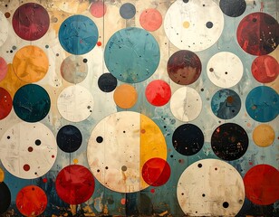 Colorful art piece featuring varied-sized circles on a textured background, creating an abstract design