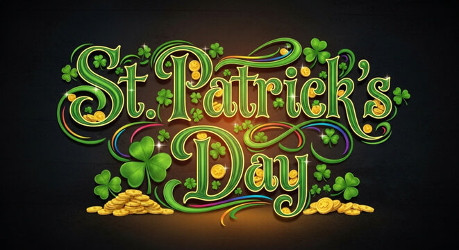 St patrick's day typography with shamrocks and gold coins on black background