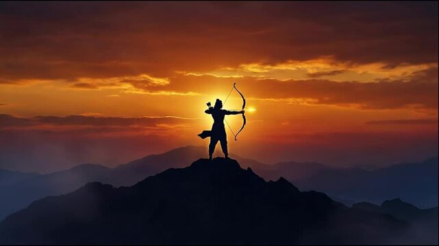 Lord rama silhouette aims his bow on a majestic mountain peak during a golden ram navami sunset.