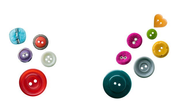 a whimsical collection of diverse craft buttons in various shapes, sizes, and colors, artfully arranged on a stark transparent background, perfect for sewing and crafting projects.