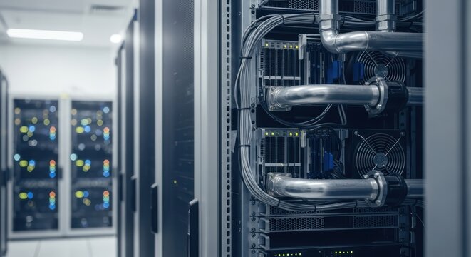 Close-up of server racks with cables and pipes in a data center with blurred background