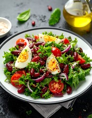 Colorful salad with boiled eggs, red beans, lettuce, tomatoes, and red onion on a dark surface