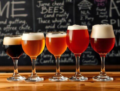 Five different craft beers lined up in glasses on a bar top