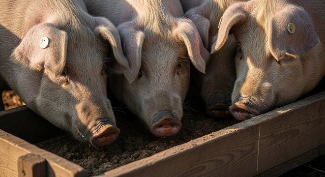 Three light-skinned pigs with ear tags feeding from a wooden trough on a farm.