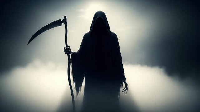 Grim Reaper with Scythe in Fog, Silhouette of Death