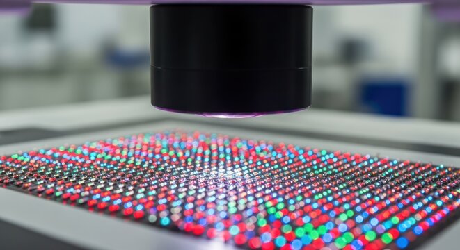Close-up of a DNA microarray chip under a scanner in a laboratory setting with a shallow