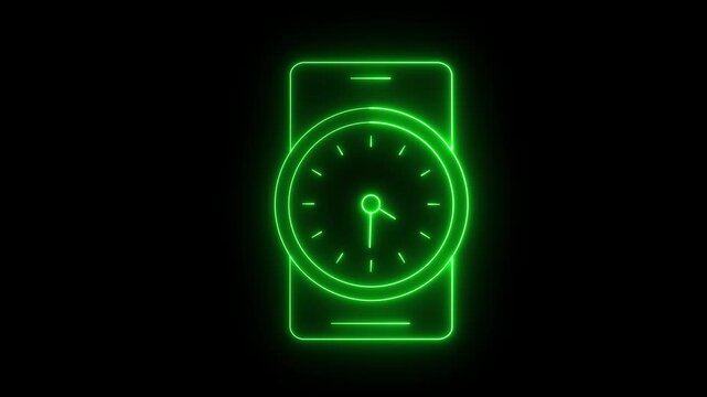 Animated neon green clock face on a smartphone outline, representing time passing on a mobile device with a looping abstract digital interface on a dark background.