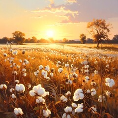 Cotton field basks in golden sunset light, painting the landscape with warm hues and soft textures