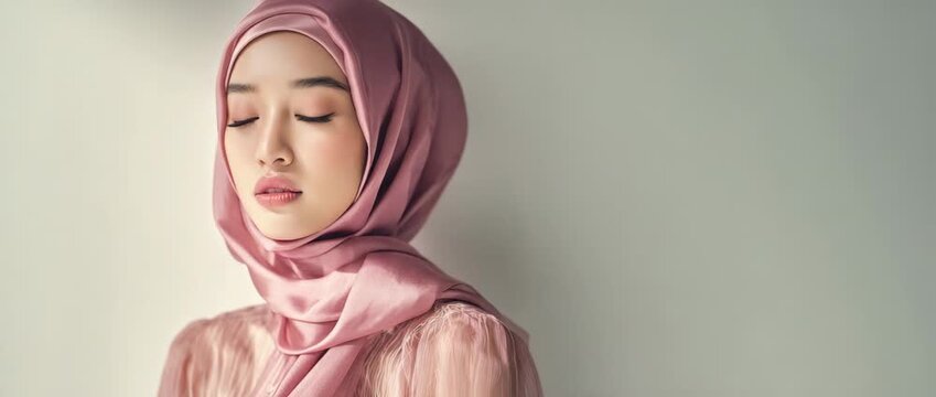 Beautiful Young Southeast Asian Woman Wearing Pink Silk Hijab in Soft Sunlight. Ideal for themes of modern Muslim fashion, modest beauty, Ramadan, and diverse lifestyle.