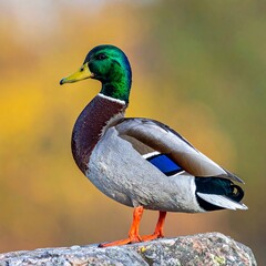 Detailed close-up of a mallard duck standing on a rock, with a blurred autumn background