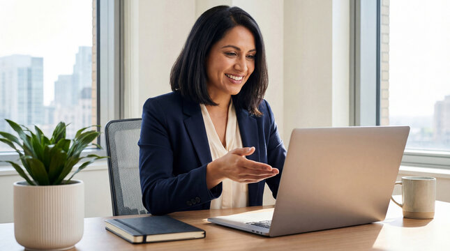 Professional Businesswoman in a Blue Suit Engages in a Video Conference Call with a Laptop in a Modern Office Setting