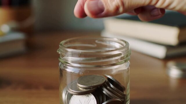 Hand putting coins into a glass jar on a wooden table.