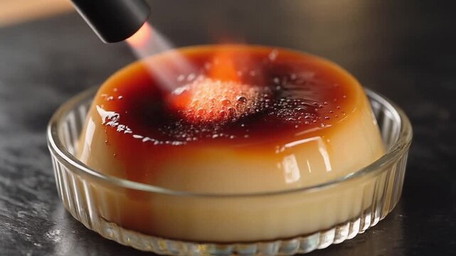 Close-up of a kitchen torch caramelizing the sugar topping on a creamy flan or cr&egrave;me br&ucirc;l&eacute;e dessert in a glass dish.