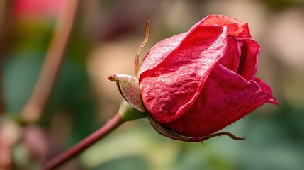 Fototapeta premium Beautiful Red Rose Bud with Soft Focus Background in Garden Setting