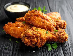 Crispy fried chicken pieces stacked on dark wood, garnished with parsley, next to a bowl of creamy dip