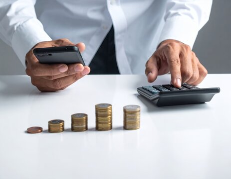 Man calculating finances with smartphone and calculator, coins stacked on table.