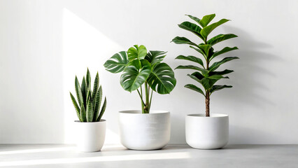 Obraz premium Three Diverse Potted Indoor Plants Elevate Modern Home Decor