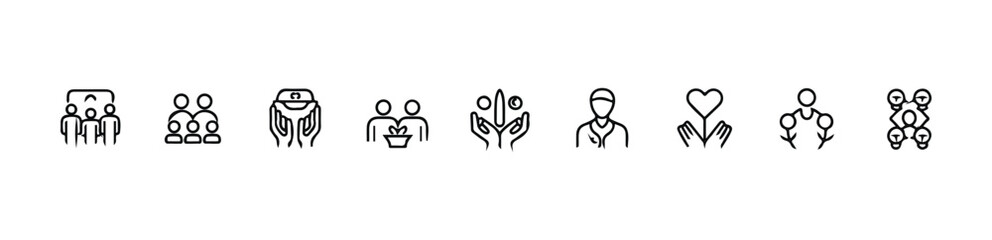 Obraz premium Community support and care line icons doctor patient group and charity hands vector illustrations set