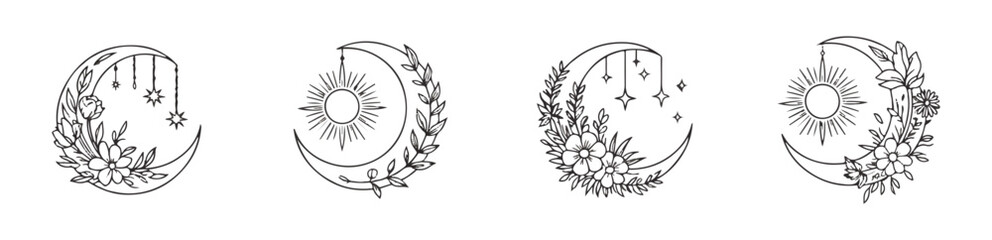 Obraz premium Boho vector moon phases design. celestial crescent moon with flowers and stars. mystical symbol