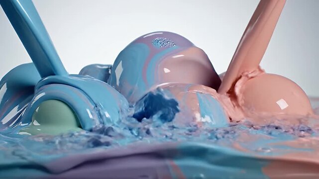 Colorful paint pouring and splashing over objects in a vibrant display.