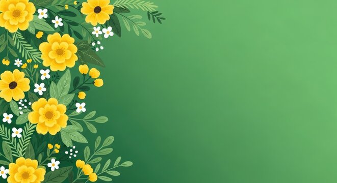 Vibrant floral arrangement on gradient green background with yellow flowers