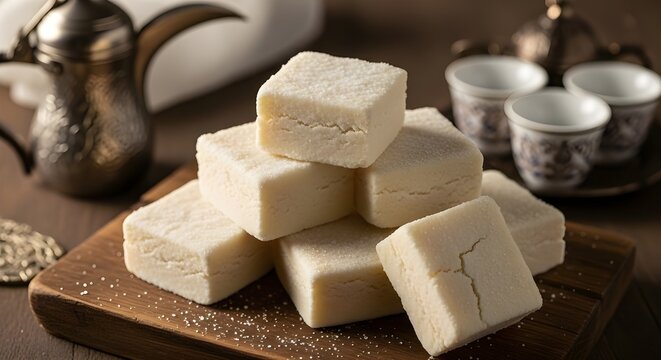 Traditional white milk fudge squares, a classic sweet treat from the Hijaz region.