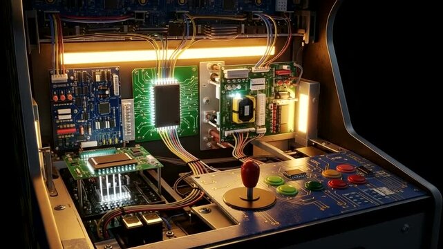 Inside view of an arcade machine with glowing circuit boards and joystick.