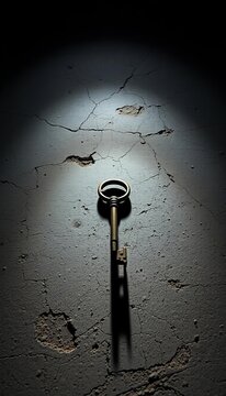 A single, stark key casts an elongated, sharp shadow across a distressed stone surface, hinting at concealed secrets,  aged,  shadow