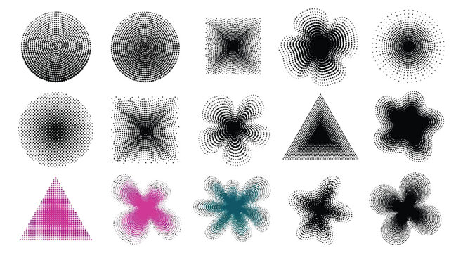 Collection of modern abstract halftone shapes in various geometric forms