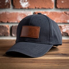Dark-colored cap with brown patch on wooden surface, set against a brick wall backdrop